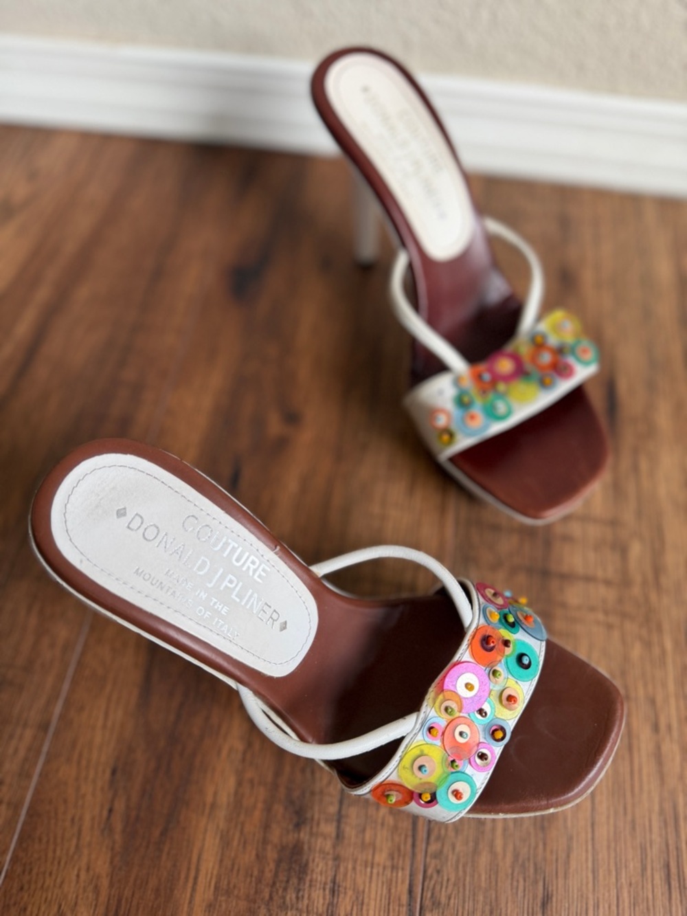 Donald J. Pliner Brown Leather Slide Mules with Colorful Sequin Embellishments